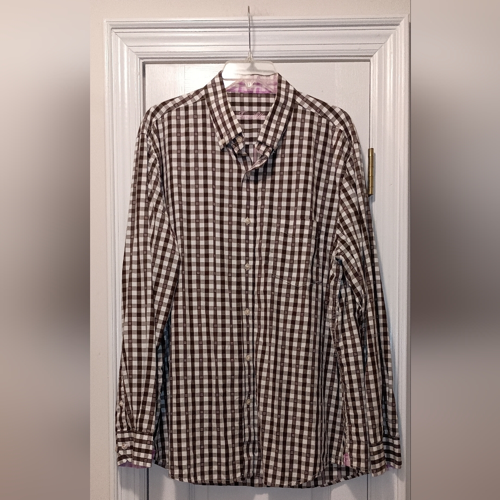 Tasso Elba Brown White checkered Cotton button Down Shirt XL